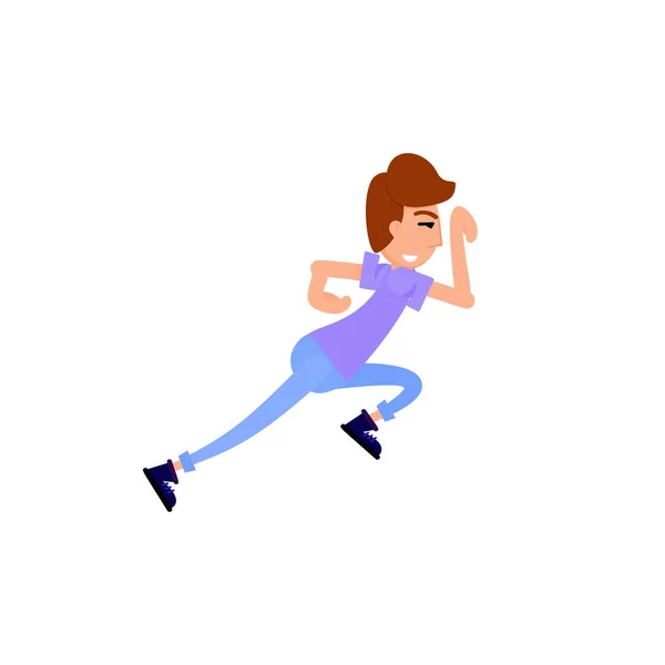 Young man runs, funny flat style. Character illustration. On a white background