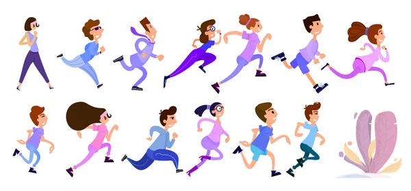 Tiny people running, a crowd of men and women flat style