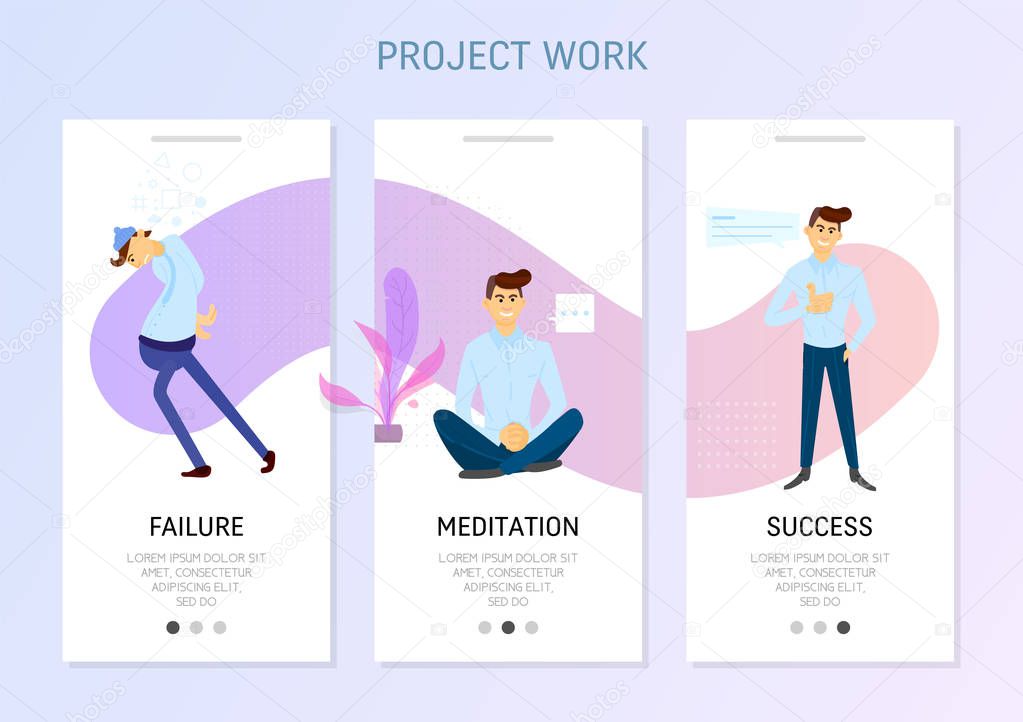 Flat design banner and elements of freelance. Workflow stages, failure, meditation, success. Isolated objects