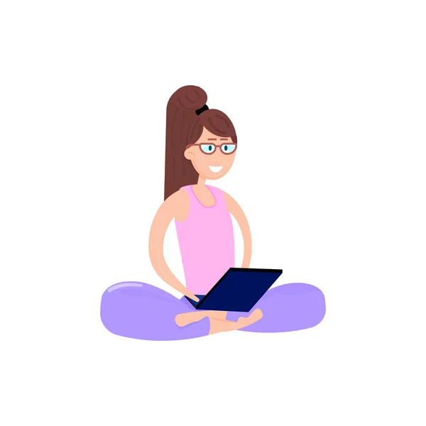 Menina Feliz Sentado Chão Com Pernas Cruzadas Com Laptop Estilo — Vetor de Stock
