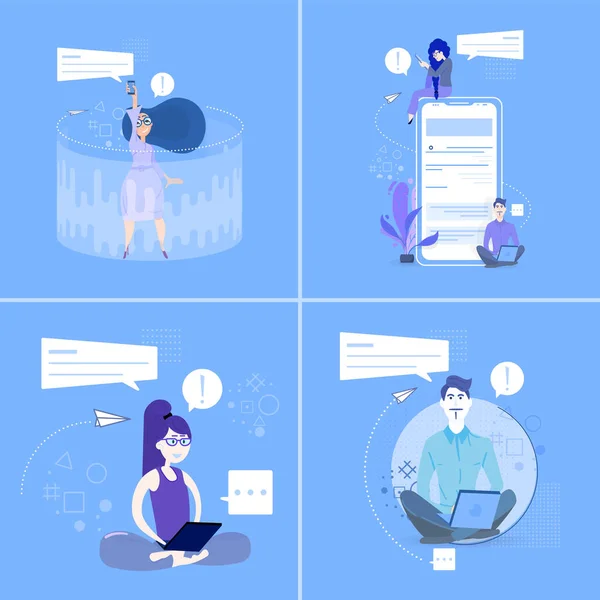 Las Personas Estudian Tabletas Portátiles Diferentes Situaciones Concepto Diseño Plano — Vector de stock