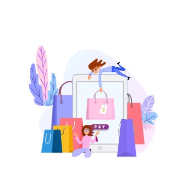 Alışveriş online kavramı. Düz tasarım küçük kadın ve çuval
