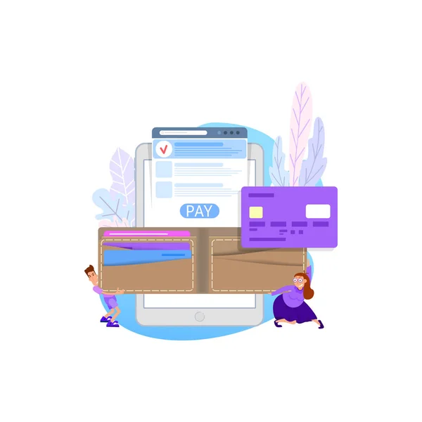 Paying online concept. Flat cartoon style, tiny man and woman, carry a huge wallet.