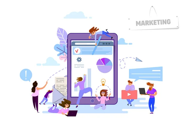 Digitale marketing concept, kleine mensen rond apparaten tablet, laptop — Stockvector