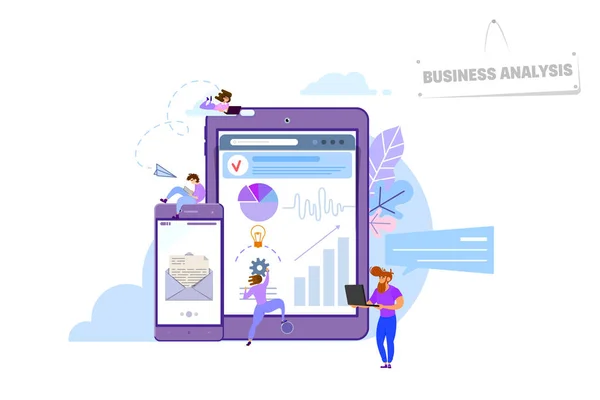 Concept d'analyse d'entreprise, personnes minuscules autour des appareils tablette, ordinateur portable — Image vectorielle