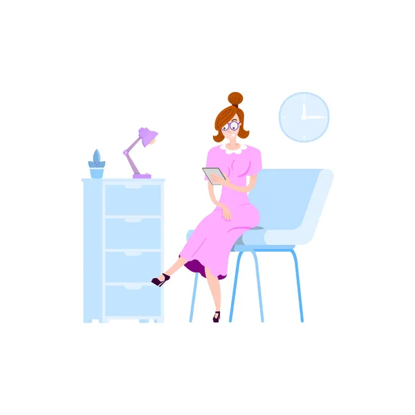 Une Femme Assoit Sur Une Chaise Regarde Dans Tablette Sur — Image vectorielle