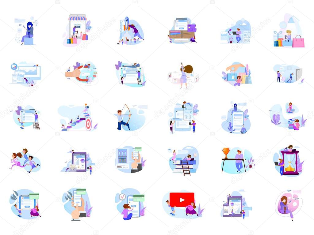 Big collection of people scenes, flat style illustration. Concept design. On a white background