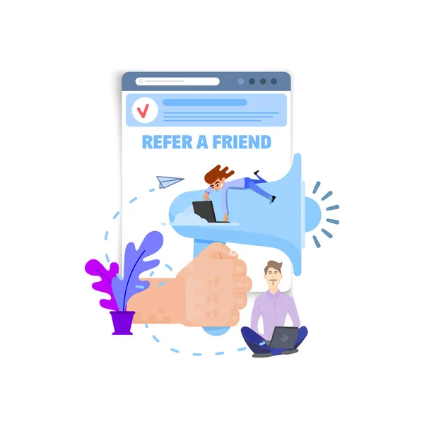 A hand holds a megaphone, and tiny people sit around with tablets and laptops. Concept - refer a friend — Stock Vector