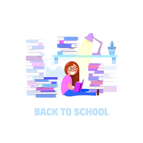一个女孩正在书的背景下, 在成堆的书的背景下。概念-返回学校. — 图库矢量图片