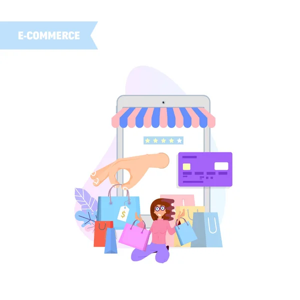 Mujer regocija compras en línea, en el fondo de la tableta y bolsas, concepto de ilustración — Vector de stock