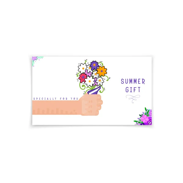 Καλοκαίρι banner-δωροκάρτα, χέρι κρατώντας ένα μπουκέτο λουλουδιών, επίπεδη στυλ. — Διανυσματικό Αρχείο