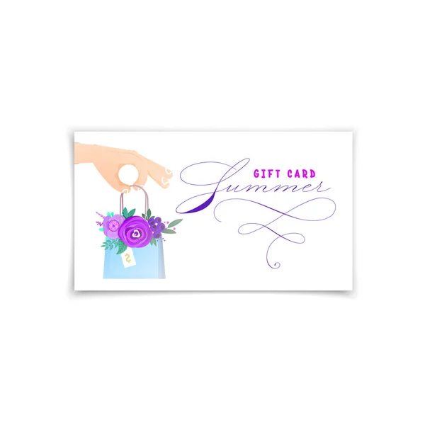 Летний дизайн, визитная карточка - рука, держащая сумку с цветами . — стоковый вектор