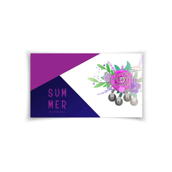 夏季设计，商务礼品卡 - 从超市装满鲜花的推车 — 图库矢量图片