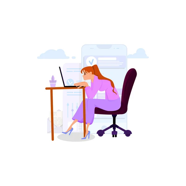 Woman programmer, posture in search of ideas, flat style — Stok Vektör