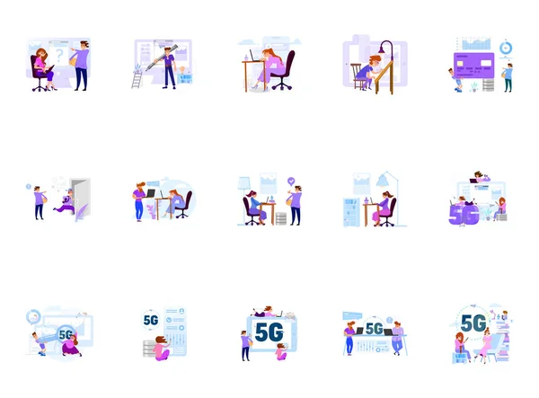A set of business scenes with tiny men and women in the office for work and with clients. — Stock Vector