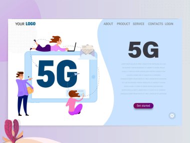 Karakterler, açılış sayfası şablonu, düz stil ile 5g bağlı kavram.