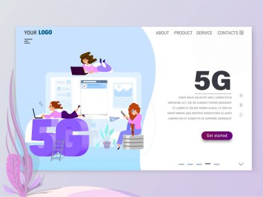 Grafik tasarımcı, sanatçı - tablet, düz tarzı çizer. Açılış Sayfası Şablonu