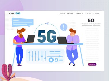 Grafik tasarımcı, sanatçı - tablet, düz tarzı çizer. Açılış Sayfası Şablonu