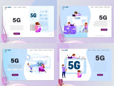 Karakterlerle 5g bağlı konsept seti, açılış sayfası şablonu, düz stil.