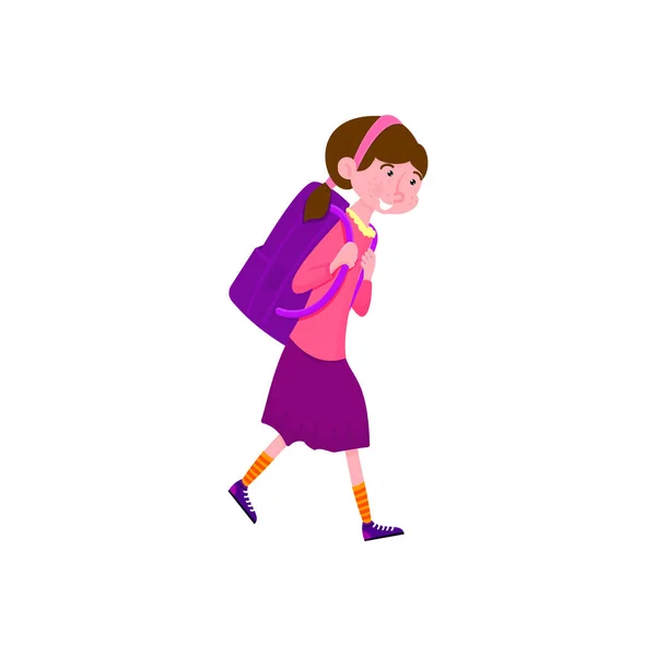 Bir sırt çantası karikatür düz tarzı karakter ile Schoolgirl, okula geri — Stok Vektör