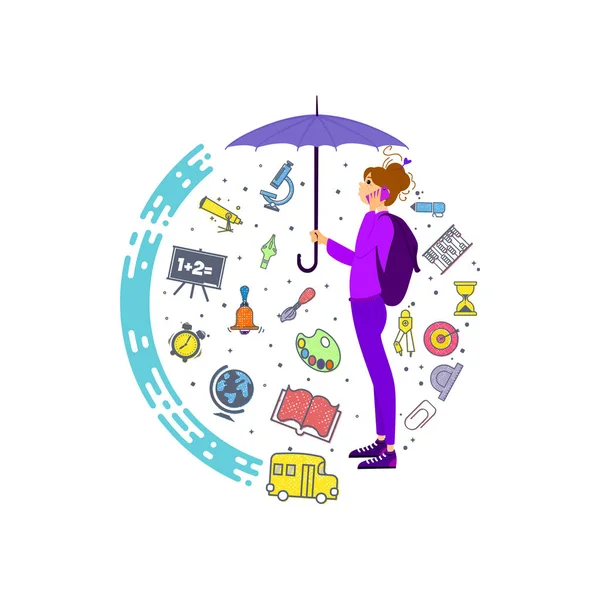 Una chica con una mochila detrás de su paraguas está hablando por teléfono, una pancarta con iconos de la escuela, diseño plano . — Vector de stock