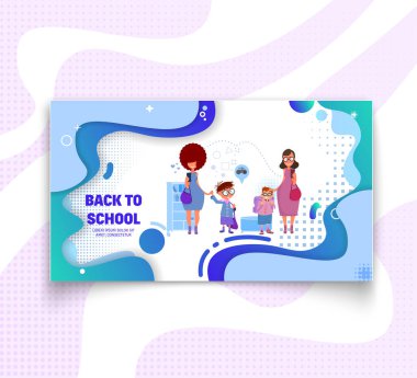 Yatay afiş iki aile okula gitmek-geri okul ve satış, geometrik figürler ve karakterler ile düz stil.