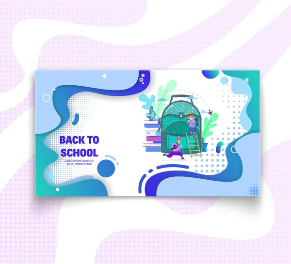 Horisontell banner Concept School ryggsäck-tillbaka till skolan och försäljning, platt stil med geometriska figurer och karaktärer. — Stock vektor
