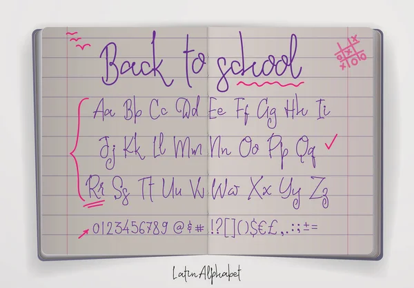 Terug naar school lettertype banner in notebook. Latijnse alfabet handschrift, — Stockvector