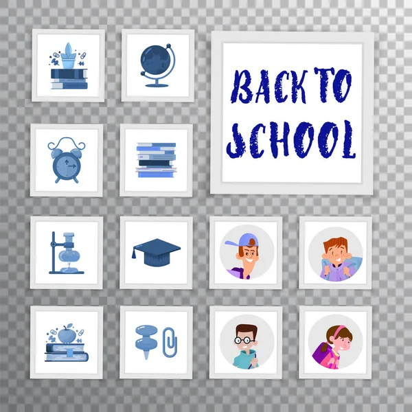 Zpět ke školní sadě ikon a avatarů s dětmi pro design webových stránek nebo mobilní aplikace — Stockový vektor