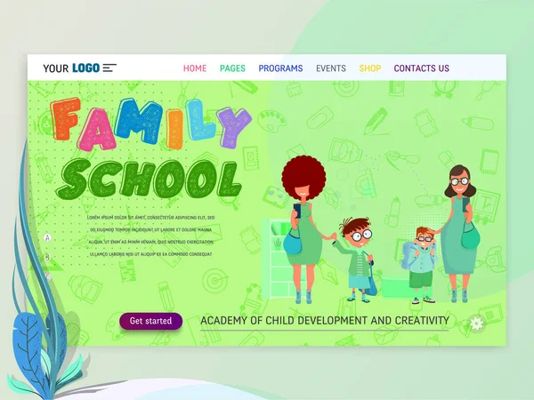 Zurück zum Schulbanner - Landing Page Template für Kinderseiten mit flachen Design-Zeichen. — Stockvektor