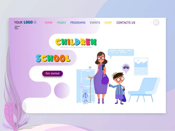 Zurück zum Schulbanner - Landing Page Template für Kinderseiten mit flachen Design-Zeichen. — Stockvektor