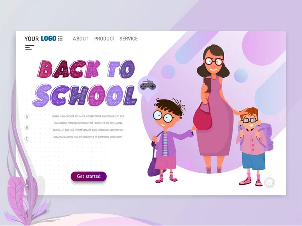 Zurück zum Schulbanner - Landing Page Template für Kinderseiten mit flachen Design-Zeichen. — Stockvektor