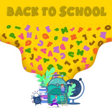 Okula geri - afiş kavramı, büyük okul sırt çantası ve küçük insanların yanında, karakterler düz tarzı.