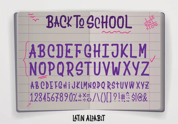 Zpět na školní nápis, Latinská abeceda pro navrhování plakátů, tisk — Stockový vektor