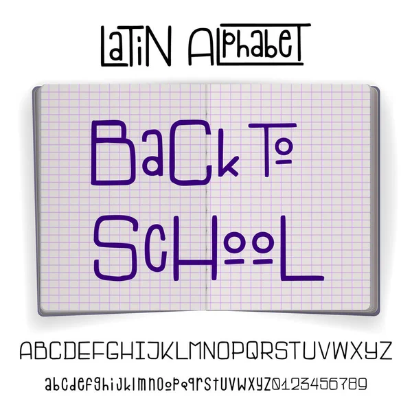 Tillbaka till skolan-Font banner, latinska alfabetet för utformningen av affischer, utskrifter — Stock vektor