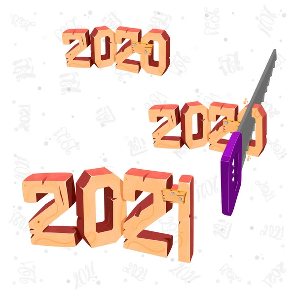 2020年至2021年新年横幅3d从2020年开始锯下一块。房间用木料、木料和纹理雕刻.最低限度的封面设计. — 图库矢量图片