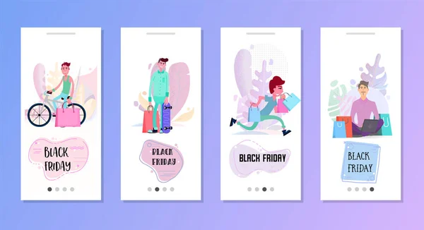 Black Friday conjunto de ilustrações verticais com personagens de desenhos animados para venda — Vetor de Stock