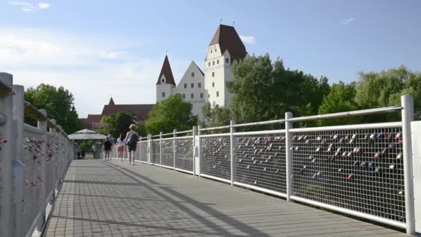 Love Locks Padlocks Hanging Bridge Ingolstadt Germany — Stock Video
