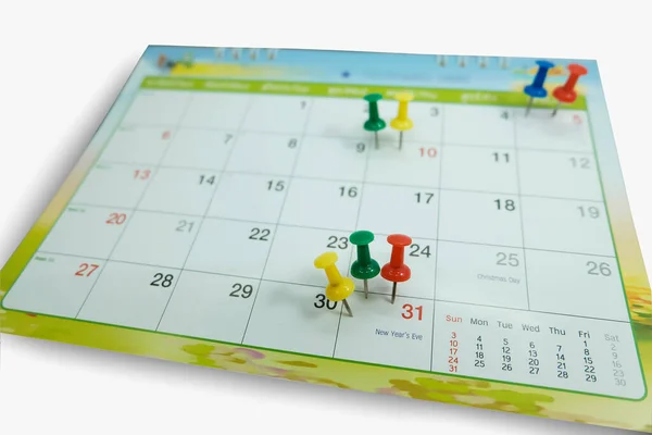 Épinglettes Colorées Poussé Marque Sur Calendrier Des Vacances — Photo