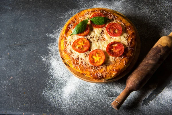 Pizza Rolling Pin Partly Seen Flour Background Use Selective Focus — Stock Photo, Image