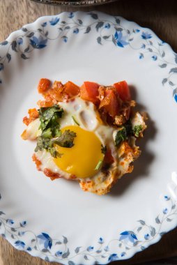 Shakshouka 'nın bir kısmı seçici odaklanma ile beyaz bir tabakta servis edilir.