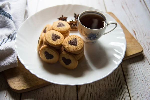 Close Cup Coffee Cookies White Plate Use Selective Focus — Stock Photo, Image