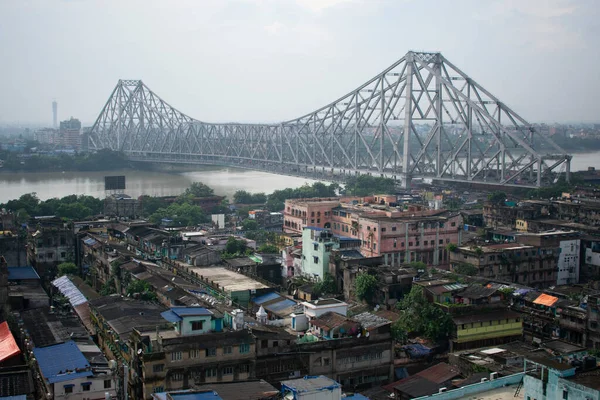 Vista Pájaro Ciudad Kolkata Con Río Hooghly Puente Howrah — Foto de Stock