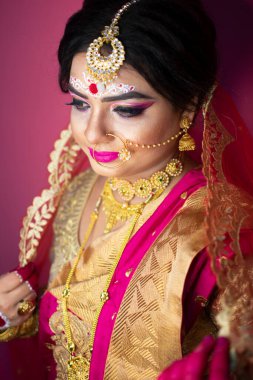 Hint gelini, Hindu kırmızı geleneksel düğün kıyafetleri içinde altın takı işlemeli sari.