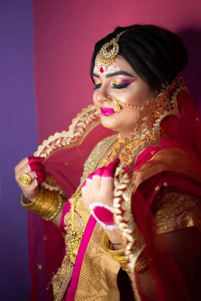 Indisk Brud Klädd Hinduisk Röd Traditionell Bröllop Kläder Sari Broderade — Stockfoto