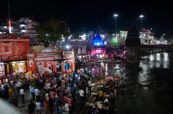 Vista Notturna Della Dea Tempio Ganga Har Pauri Ghat Haridwar — Foto Stock