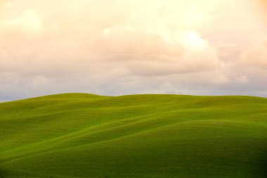 Sakin manzara (Tuscany, İtalya). Gölgelerin çim. Renkli bulutlar.