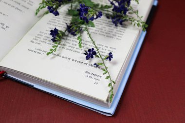 Çiçek kompozisyonu & Kağıt arkaplanda çiçek açan güzel mavi çiçekler.