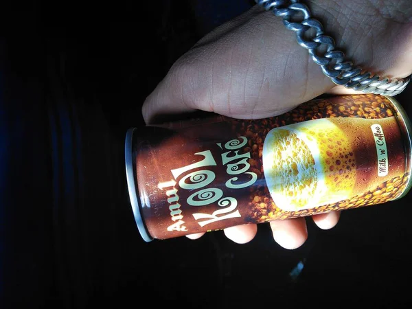 Boy Clicking Photo Cold Coffee Can — Stock Photo, Image