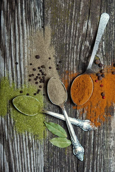 Spices Spoons Wooden Background Various Spices Silver Spoons Wooden Table — Stock Photo, Image